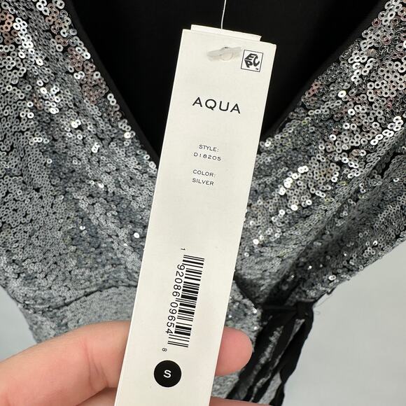 AQUA NWT Silver Sequin Mini Party Cocktail Wrap Dress // S - Picture 13 of 15